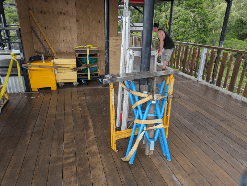 Secured structures and equipment at Cairns Skypark by AJ Hackett, tied down by the crew in preparation for an approaching cyclone.